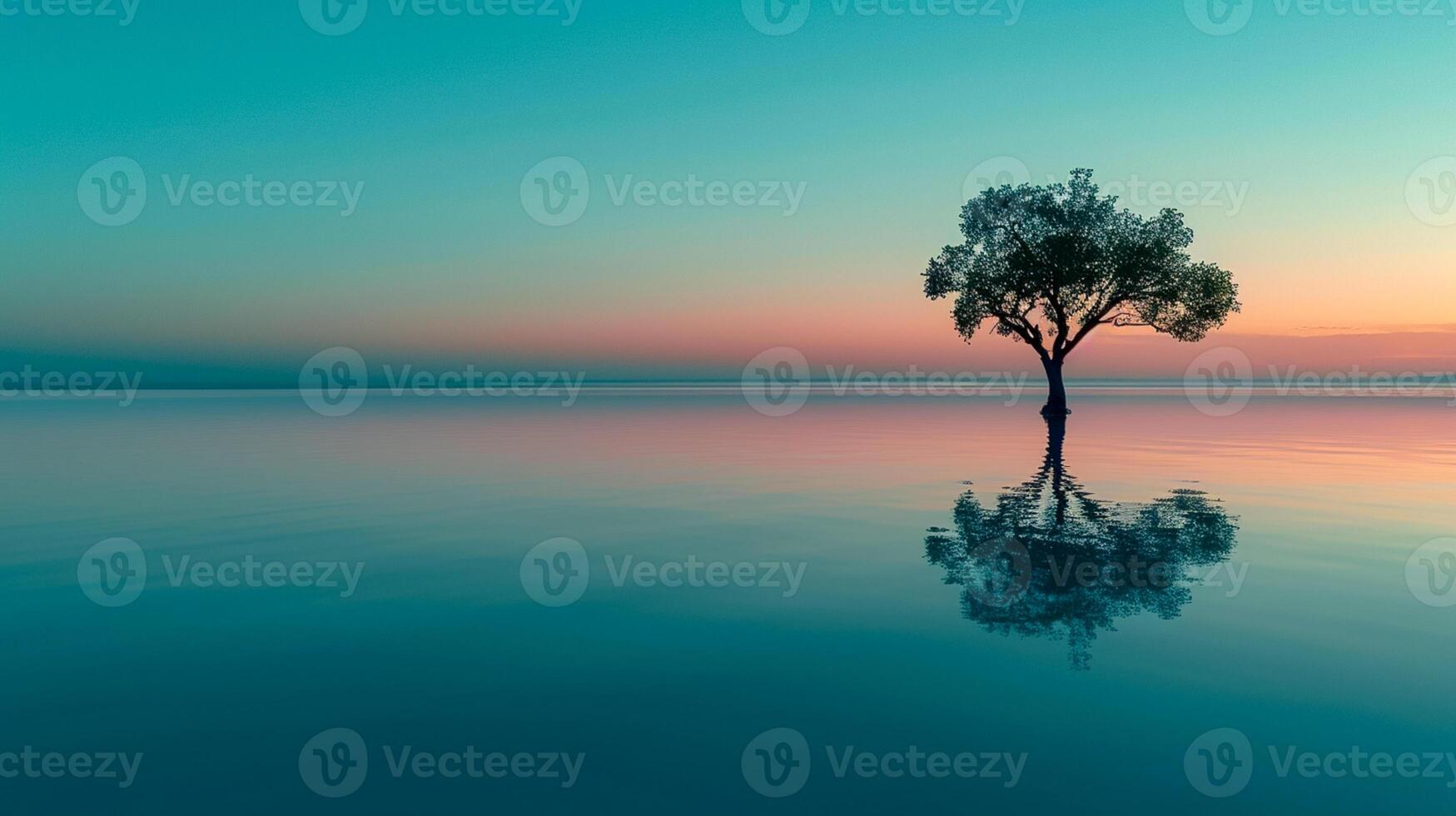 AI generated serene Photo of lone tree standing partially submerged in calm body of water, with the gradient hues of sunset or sunrise reflecting on the water surface. Ai Generated