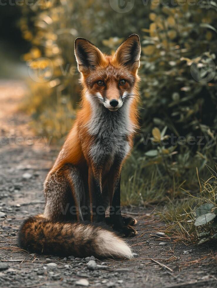 AI generated a fox sitting attentively on a path surrounded by nature Ai generated photo