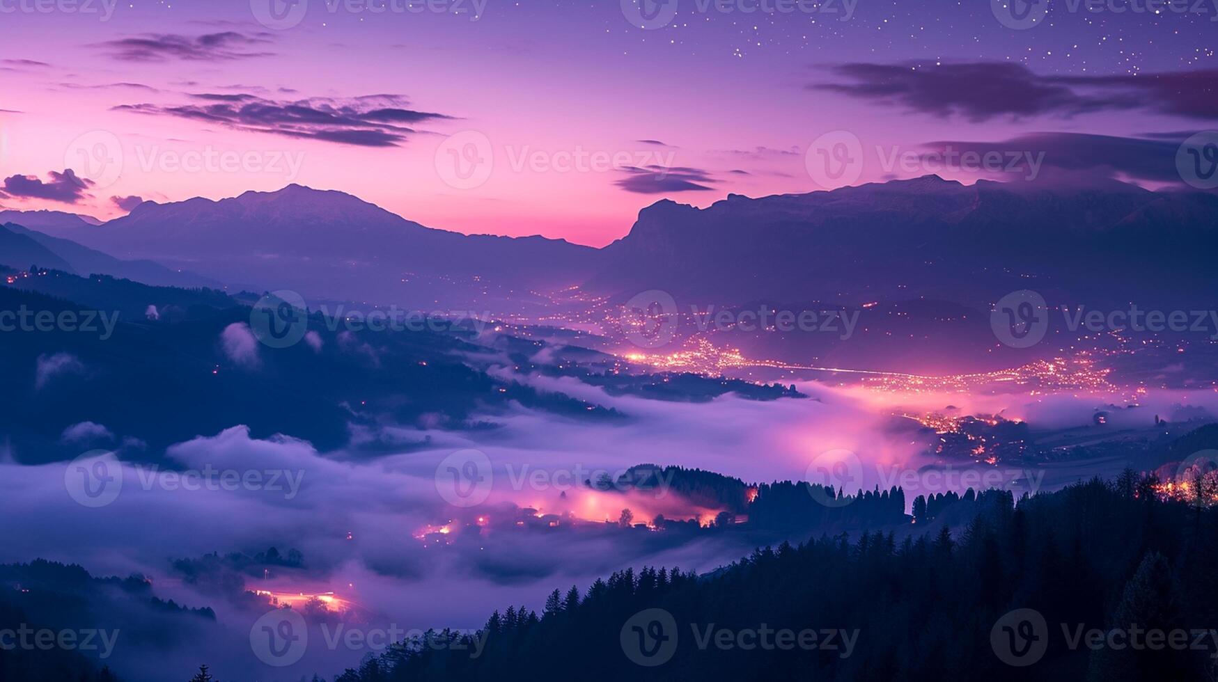 ai generado montañas en niebla en hermosa noche. paisaje con alto montaña valle, bajo nubes, bosque, púrpura cielo con estrellas, esclarecedor el ciudad a puesta de sol ai generado foto