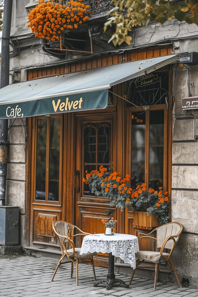 AI generated exterior of Velvet cafe with its name elegantly written on the awning. Ai generated photo