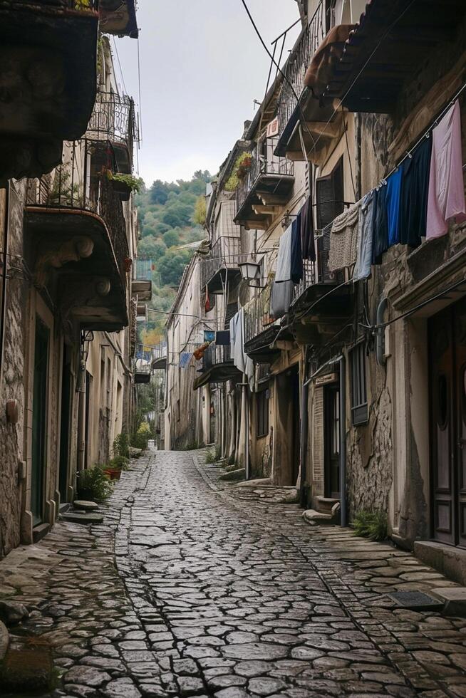 AI generated image captures narrow, cobblestone street lined with old buildings and laundry hanging from the balconies. The sky is overcast, the stone road and buildings Ai Generated photo