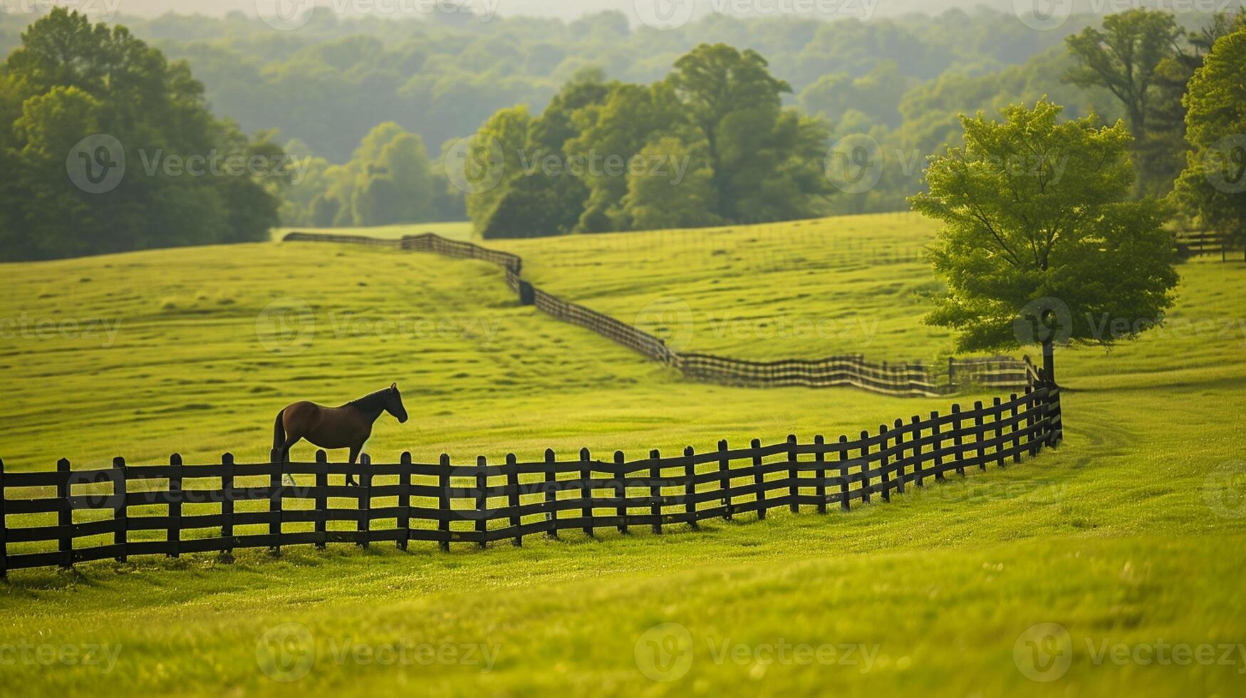 AI generated split rail fence stretches across the countryside, dividing the lush green fields, and horse grazes peacefully nearby, long exposure photography Ai Generated photo