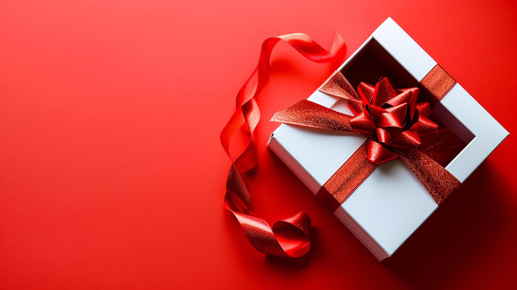 AI generated Empty open white gift box on red background, copy space Ai Generated photo