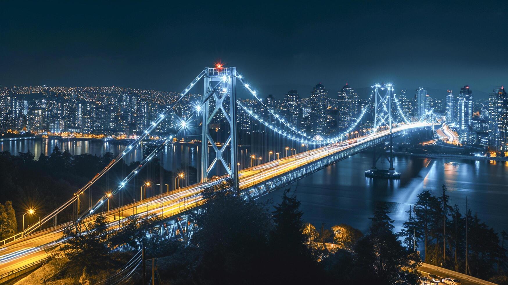 ai generado hermosamente iluminado puente a noche, con el ciudad luces en el antecedentes ai generado foto