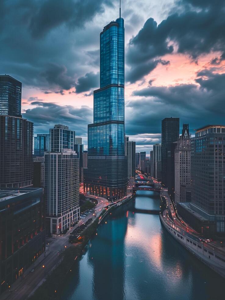 AI generated Photo of dramatic cityscape with towering skyscrapers, serene river, prominent glass skyscraper stands in the center. Surrounding buildings creating dense urban environment Ai Generated