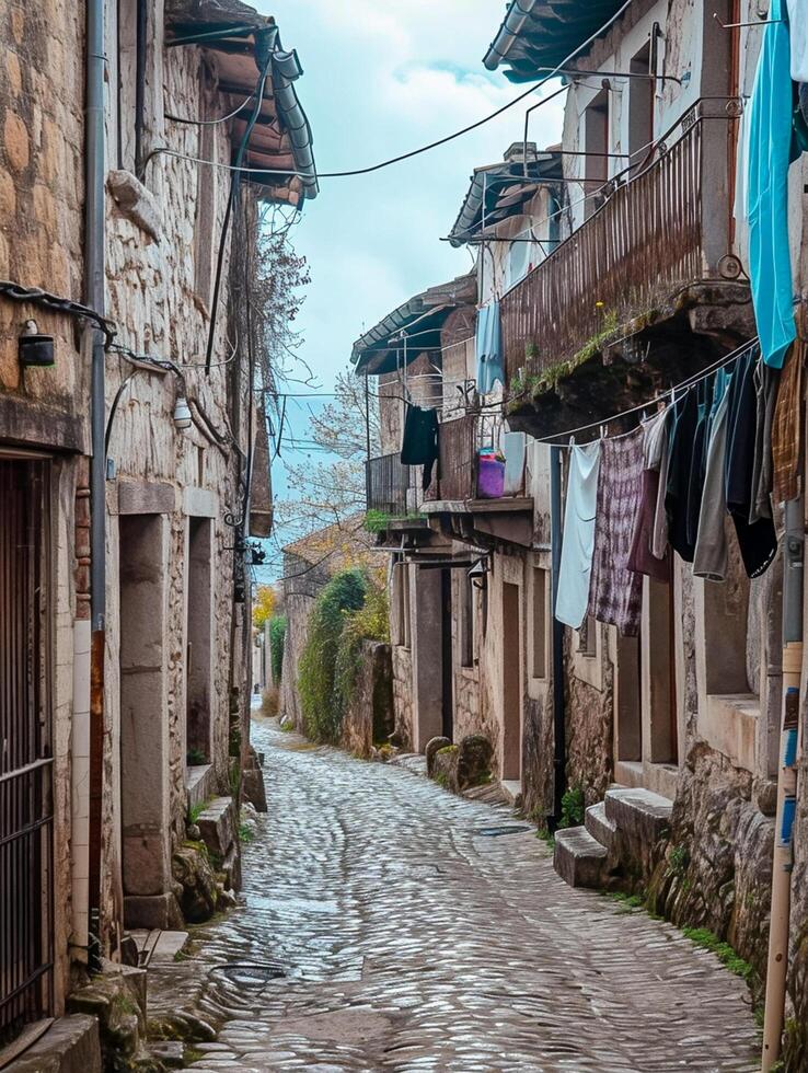 AI generated image captures narrow, winding cobblestone street lined with old buildings and laundry hanging from the balconies Ai Generated photo