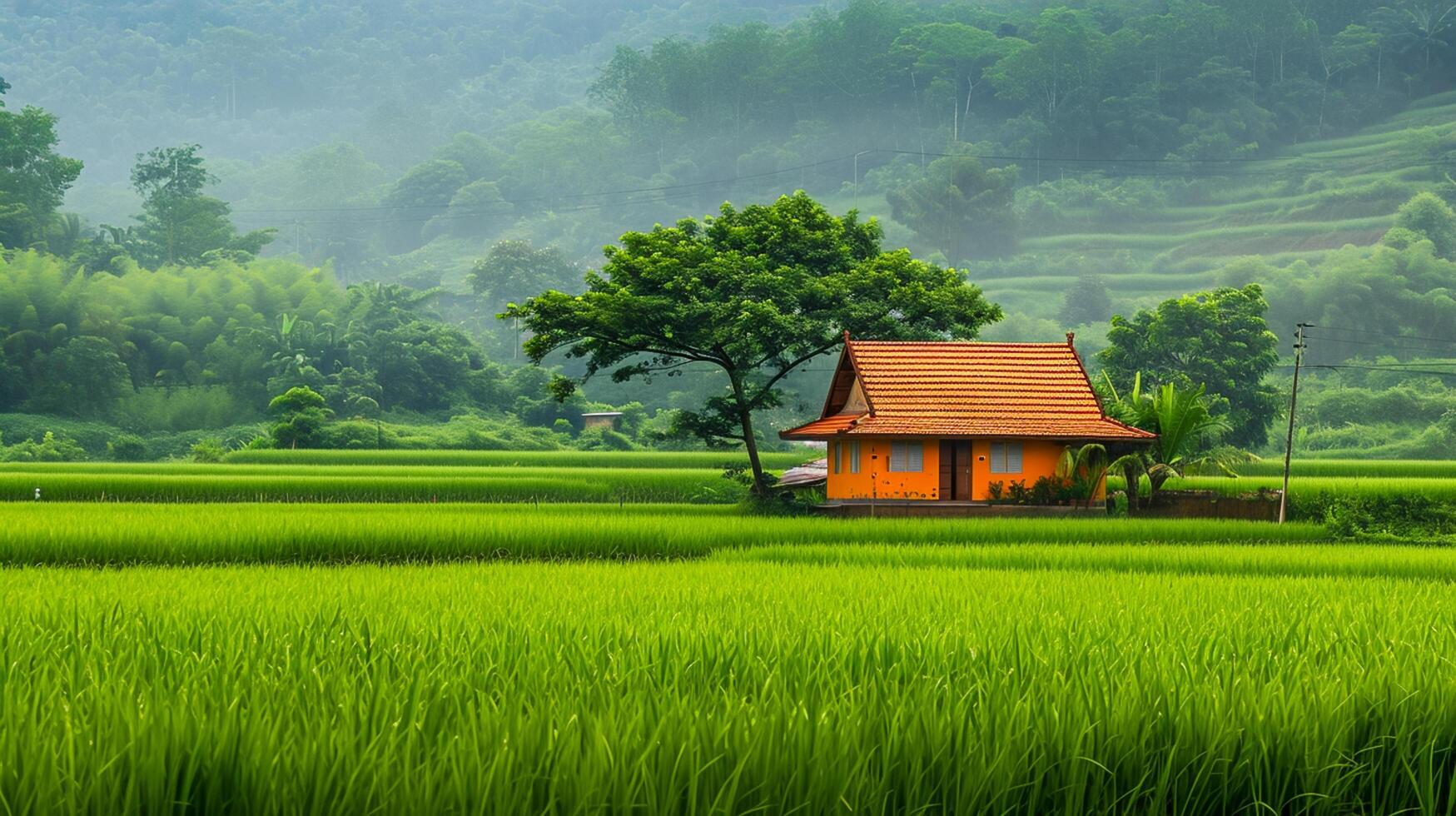 AI generated house the countryside, dividing the lush green fields, long exposure photography Ai Generated photo