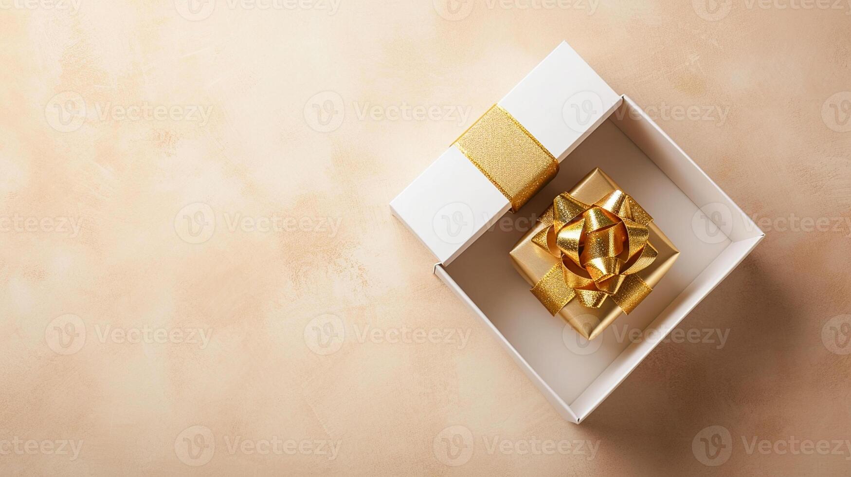 ai generado dorado elegancia desvelado 3d parte superior ver de lujo regalo caja con cinta, vacío espacio, ai generado foto