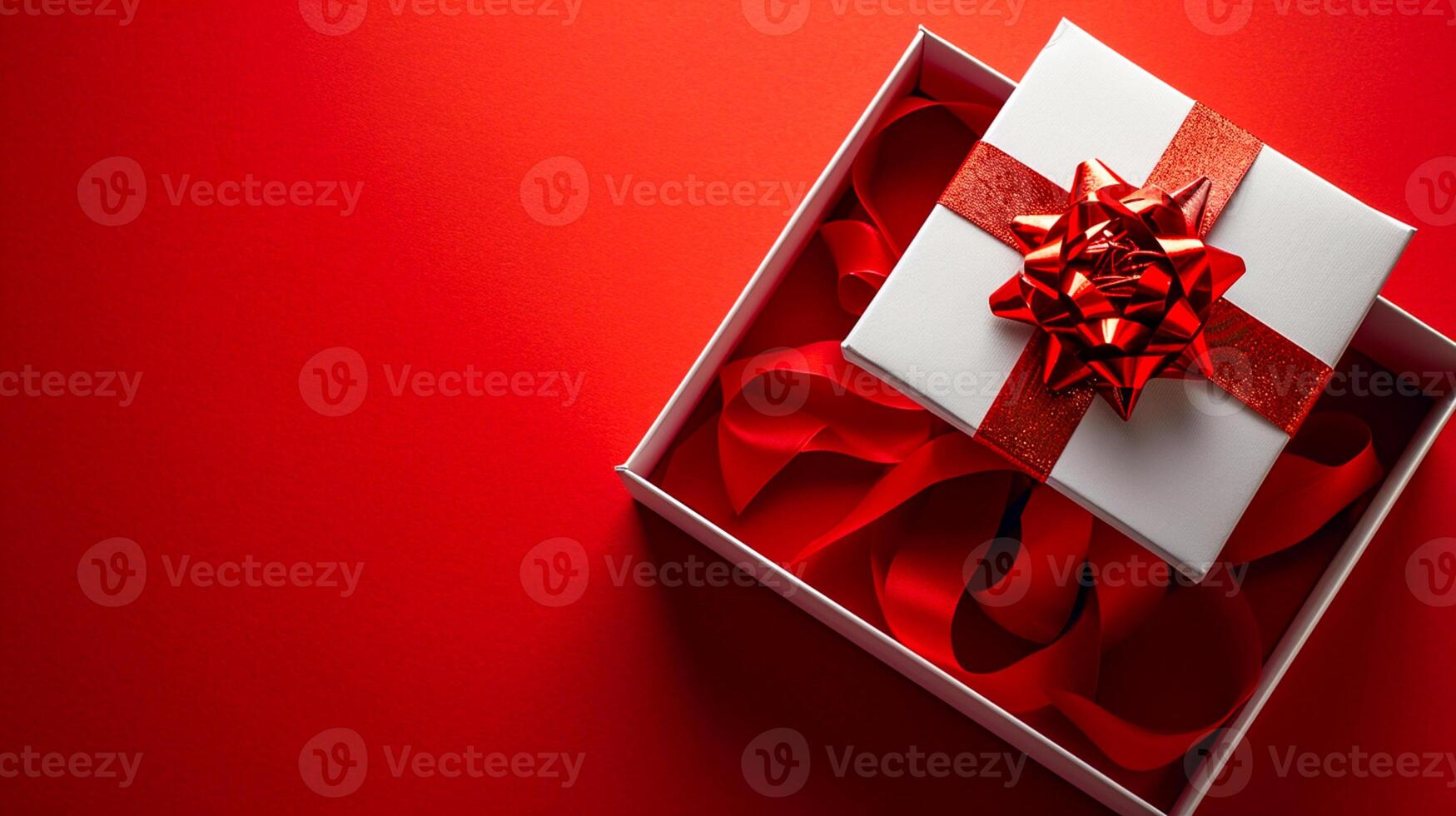 AI generated Elegant Red Gift Presentation 3D Luxury Gift Box, Gold Ribbon, Top View, Ai generated photo