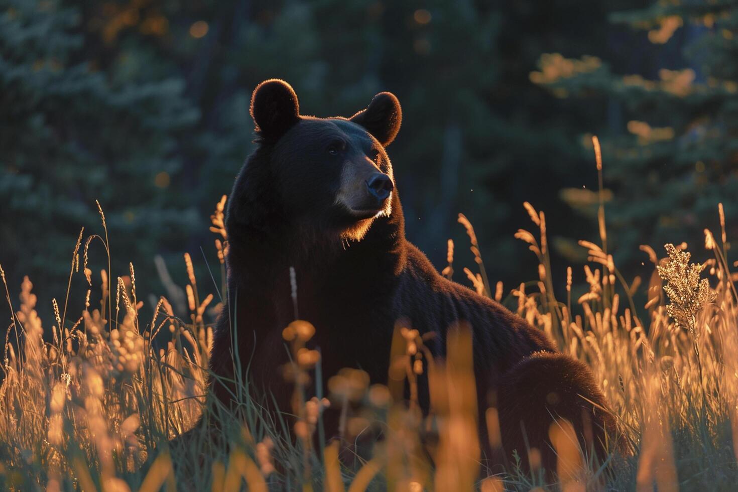 AI generated bear sitting amidst tall grass with a forest in the background, illuminated by the glow of sunlight Ai generated photo