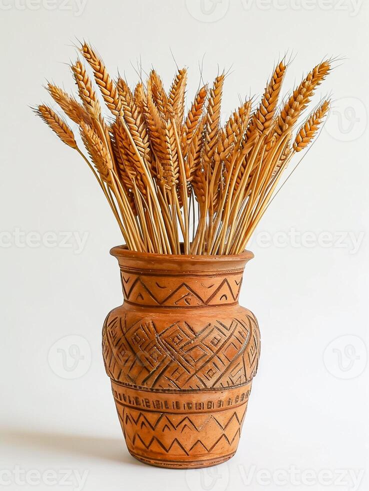 AI generated image features vase with wheat stalks protruding from its opening. The vase is two toned, with the upper part being lighter shade of brown and the lower part darker Ai Generated photo