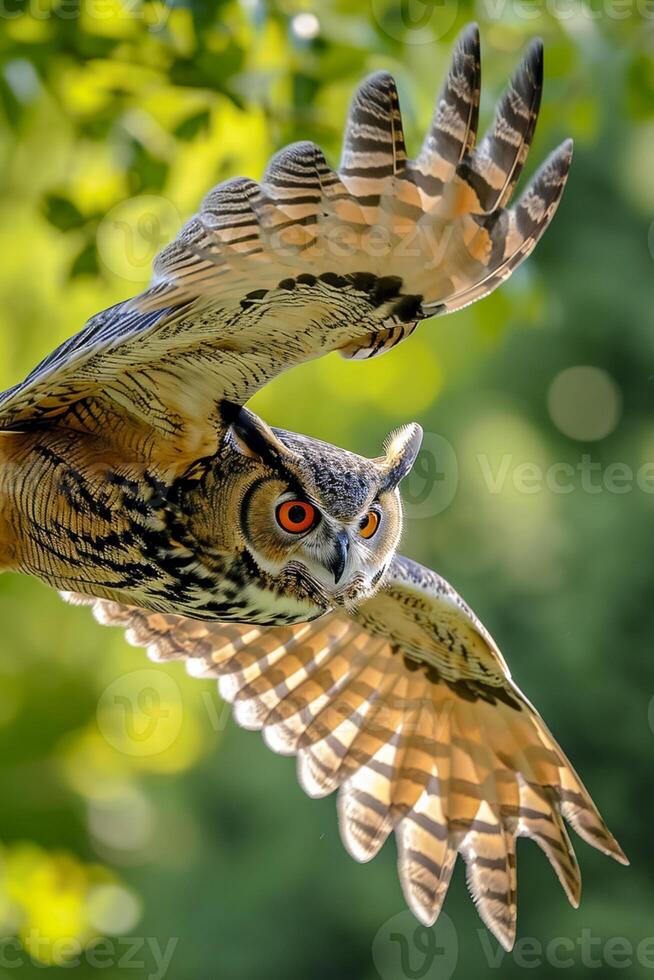 AI generated owl in flight. The owls wings are fully extended, showcasing detailed feather patterns Ai generated photo