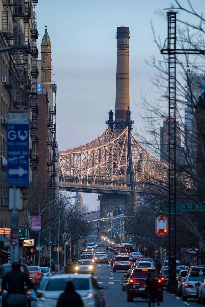 AI generated image is cityscape  with the Queensboro Bridge prominently featured in the background. The bridge is intricately designed, showcasing detailed architecture and engineering Ai Generated photo