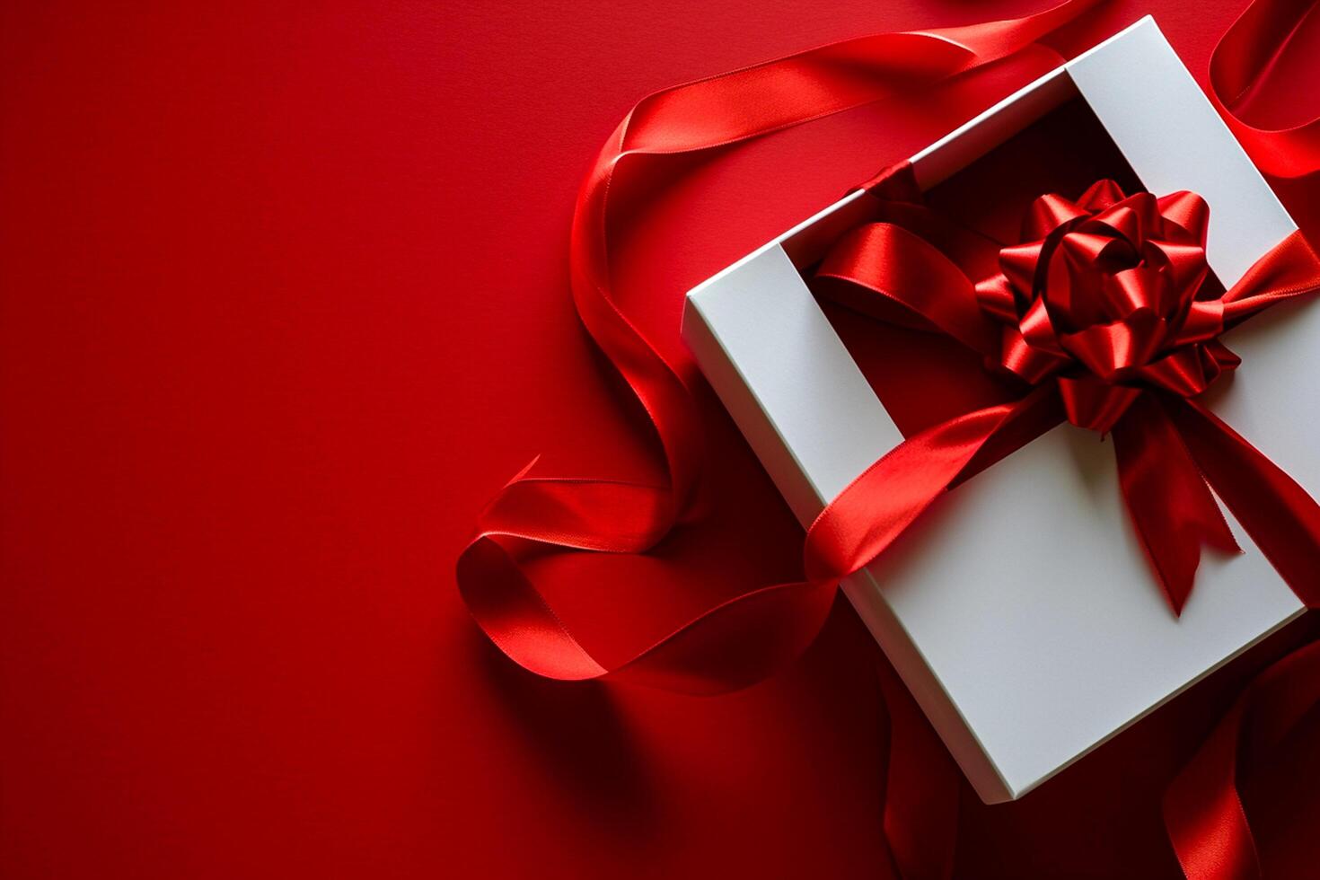 AI generated Red Elegance from Above 3D Top View Gift Box with Ribbon, Empty Space, Ai generated photo