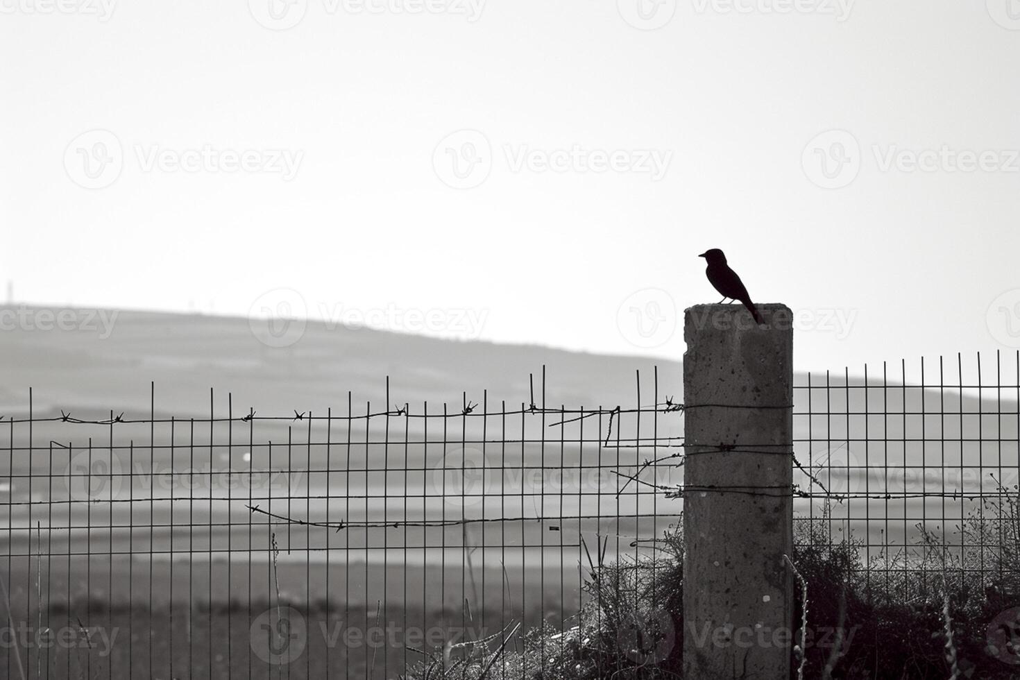 AI generated small bird is perched on one of the concrete posts supporting the fence Ai generated photo