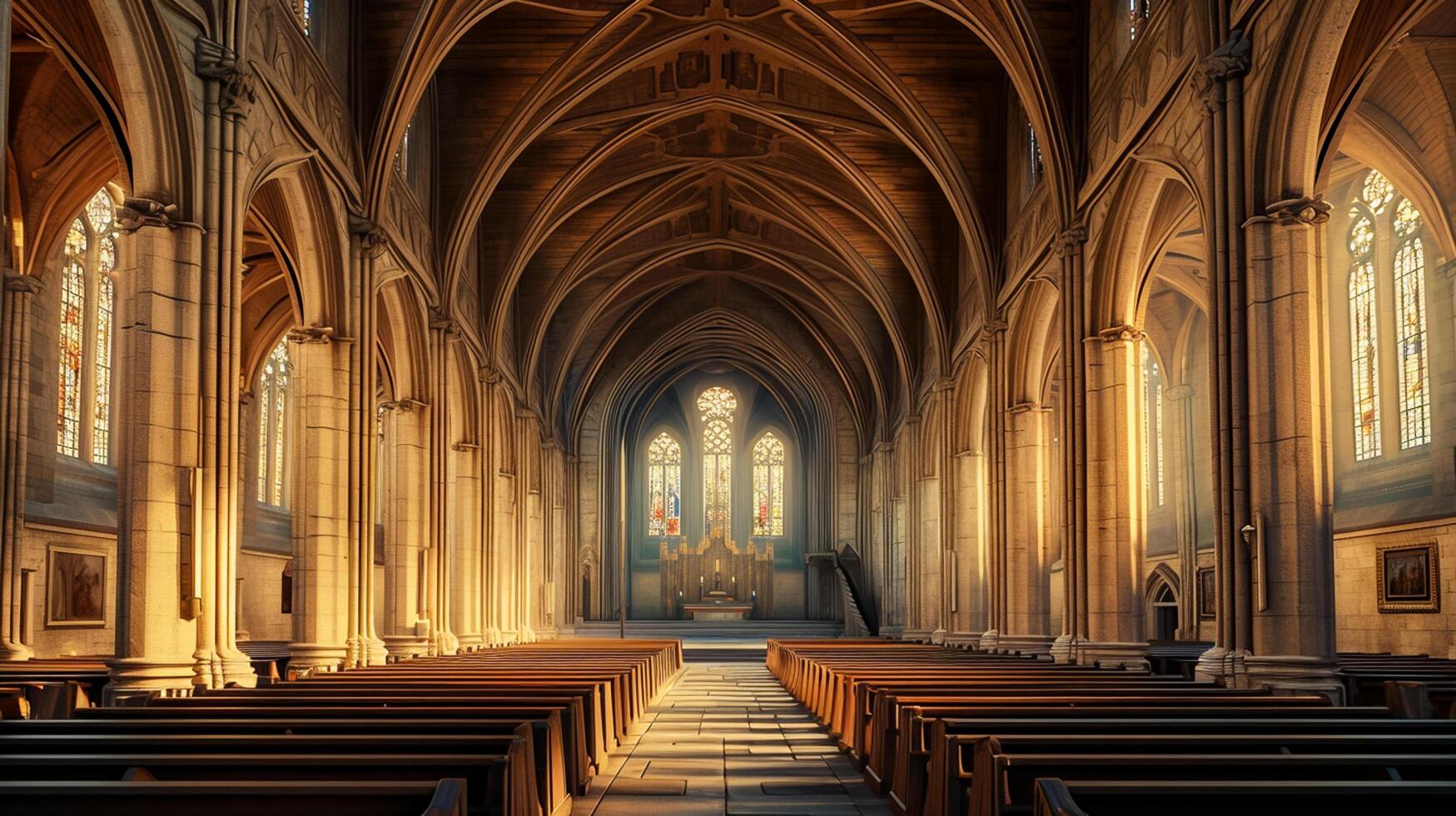 AI generated image of grand cathedral interior with towering stone arches. wood pews should be aligned Ai Generated photo