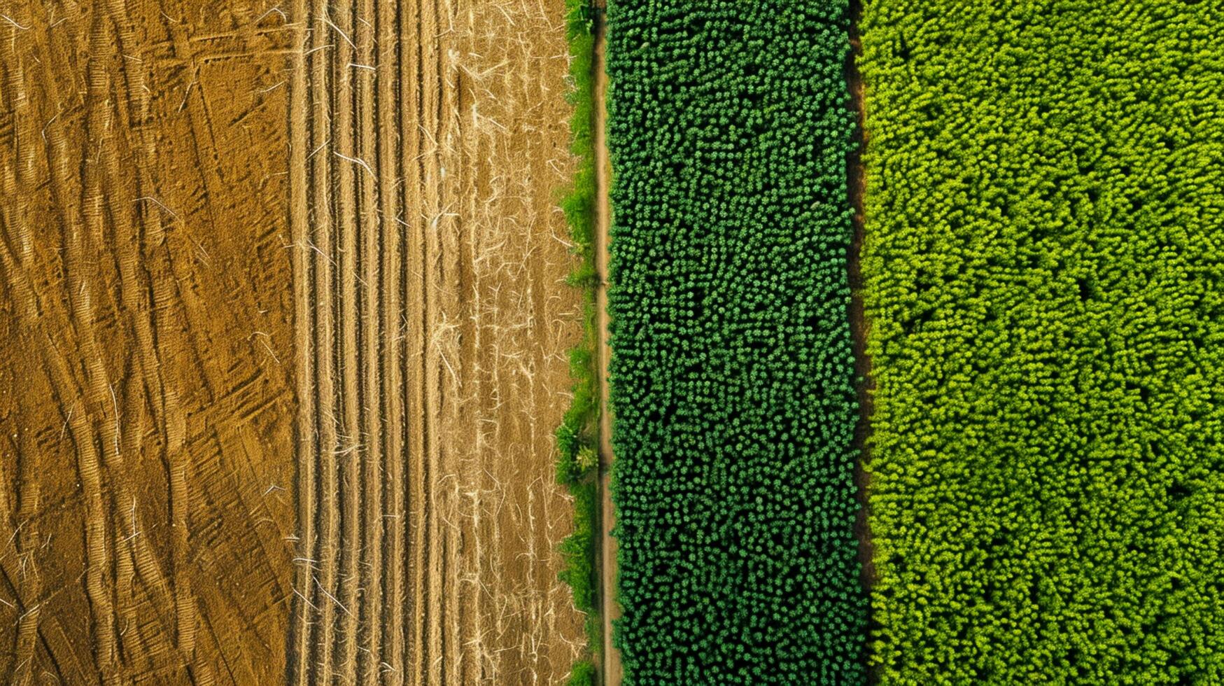 AI generated Photo two adjacent agricultural fields, one barren and the other lush green. The barren field should have brown soil and visible tractor lines indicating recent cultivation. Ai Generated