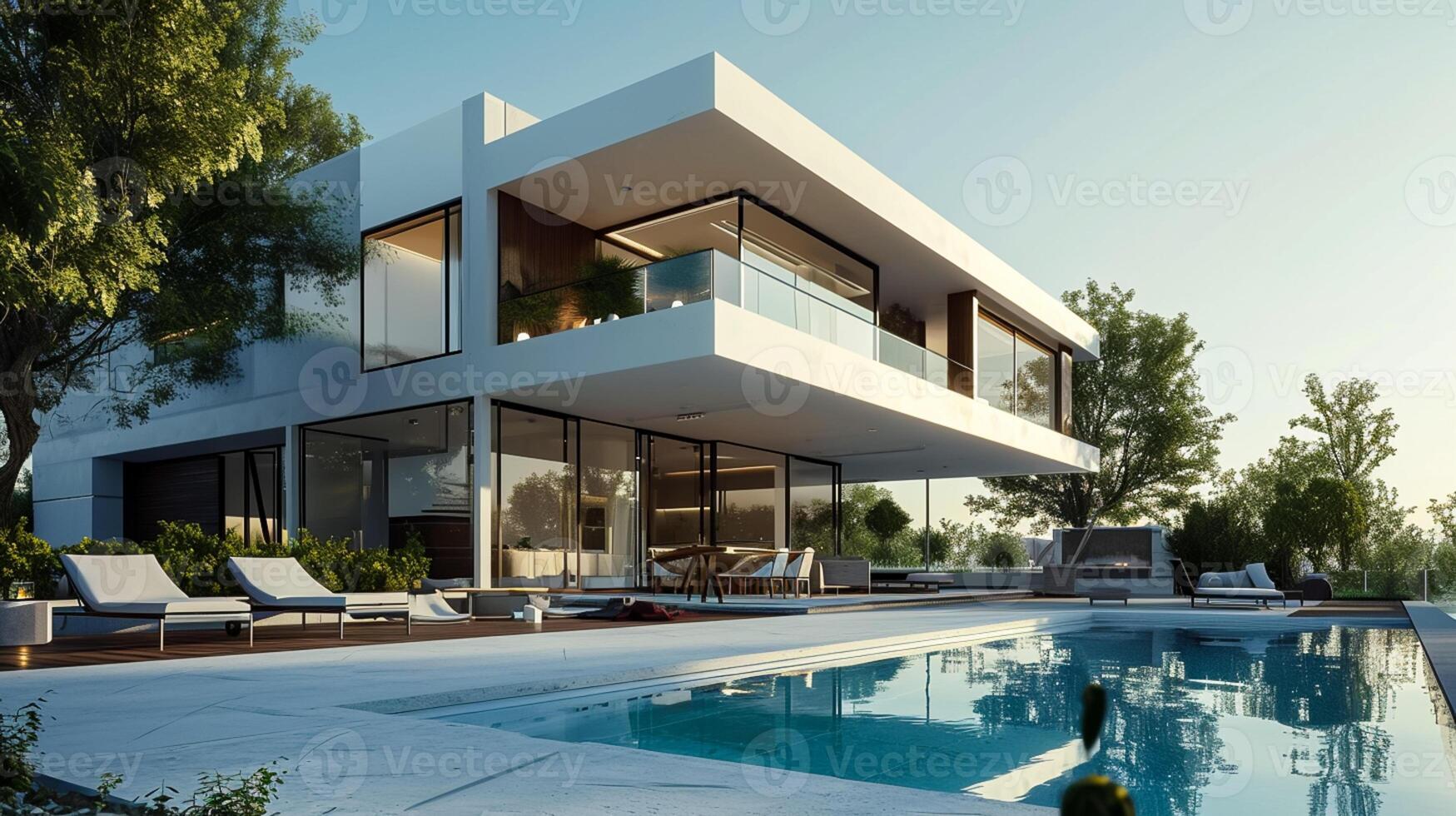 AI generated a modern house with large swimming pool and lounge chairs Ai Generated photo