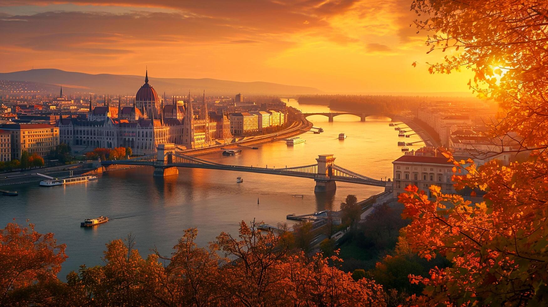 ai generado imagen de escénico ver de ciudad con prominente arquitectónico estructura, puente terminado río, y el rodeando paisaje bañado en el calentar resplandor de puesta de sol ai generado foto