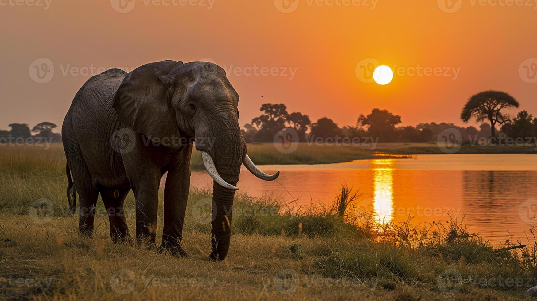 AI generated elephant standing by a water body at sunset Ai generated photo