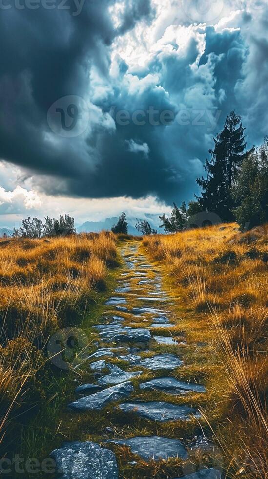 AI generated Pathway in the middle of grassy field under cloudy sky Ai Generated photo