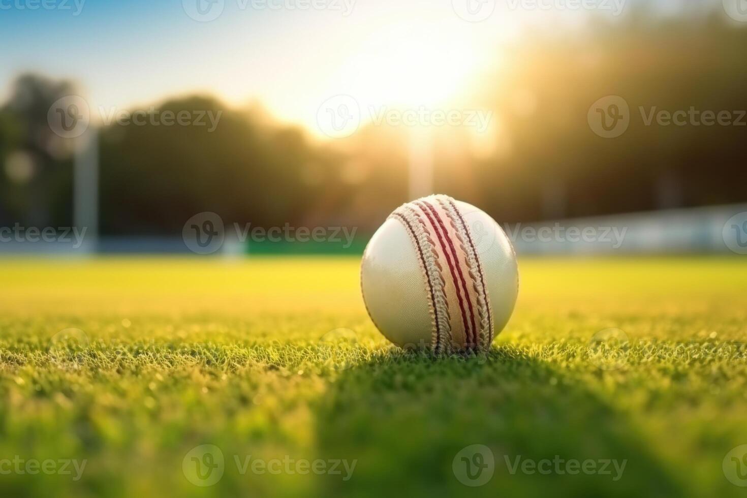 AI generated Cricket ball on bat on green cricket pitch. photo