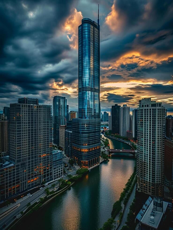 AI generated Photo of dramatic cityscape with towering skyscrapers, serene river, prominent glass skyscraper stands in the center. Surrounding buildings creating dense urban environment Ai Generated