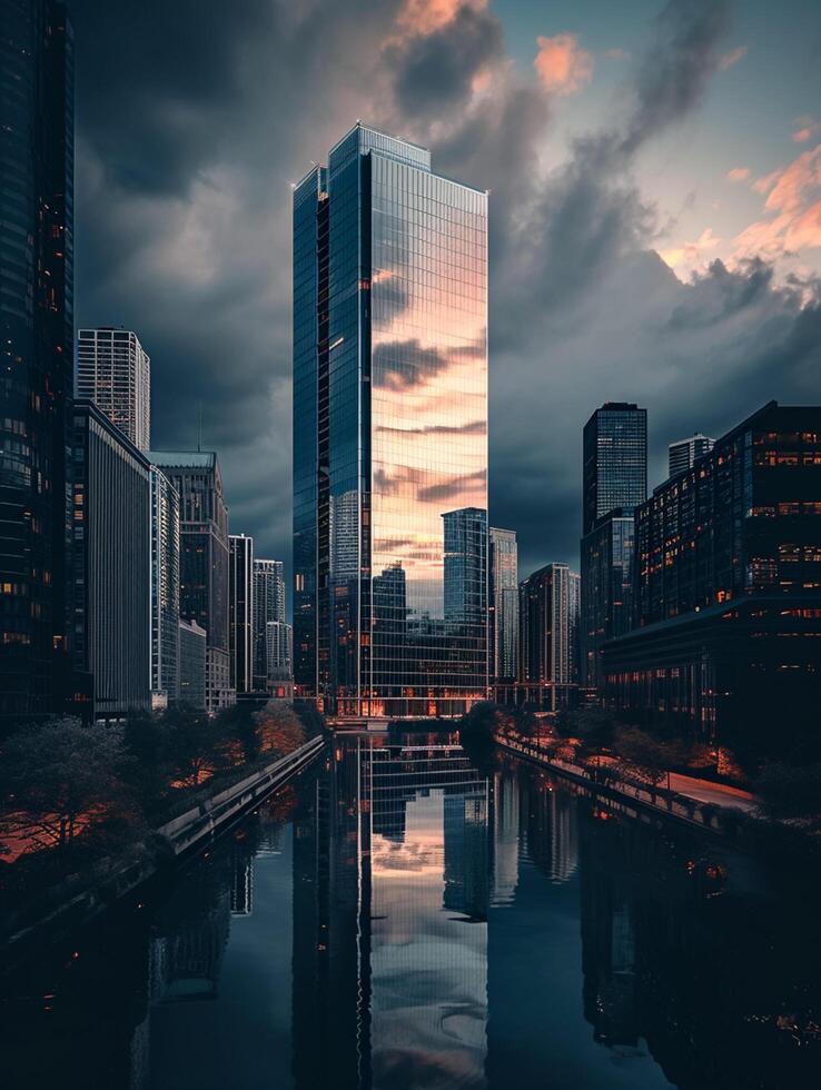 AI generated Photo of dramatic cityscape with towering skyscrapers, serene river, prominent glass skyscraper stands in the center. Surrounding buildings creating dense urban environment Ai Generated