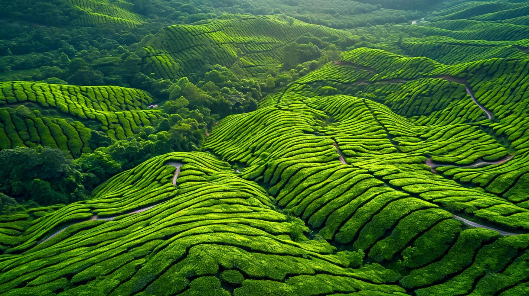 AI generated aerial view of vibrant green tea plantations is beautiful sight to behold. The plantations are organized in neat rows that form intricate patterns on the landscape. Ai Generated photo