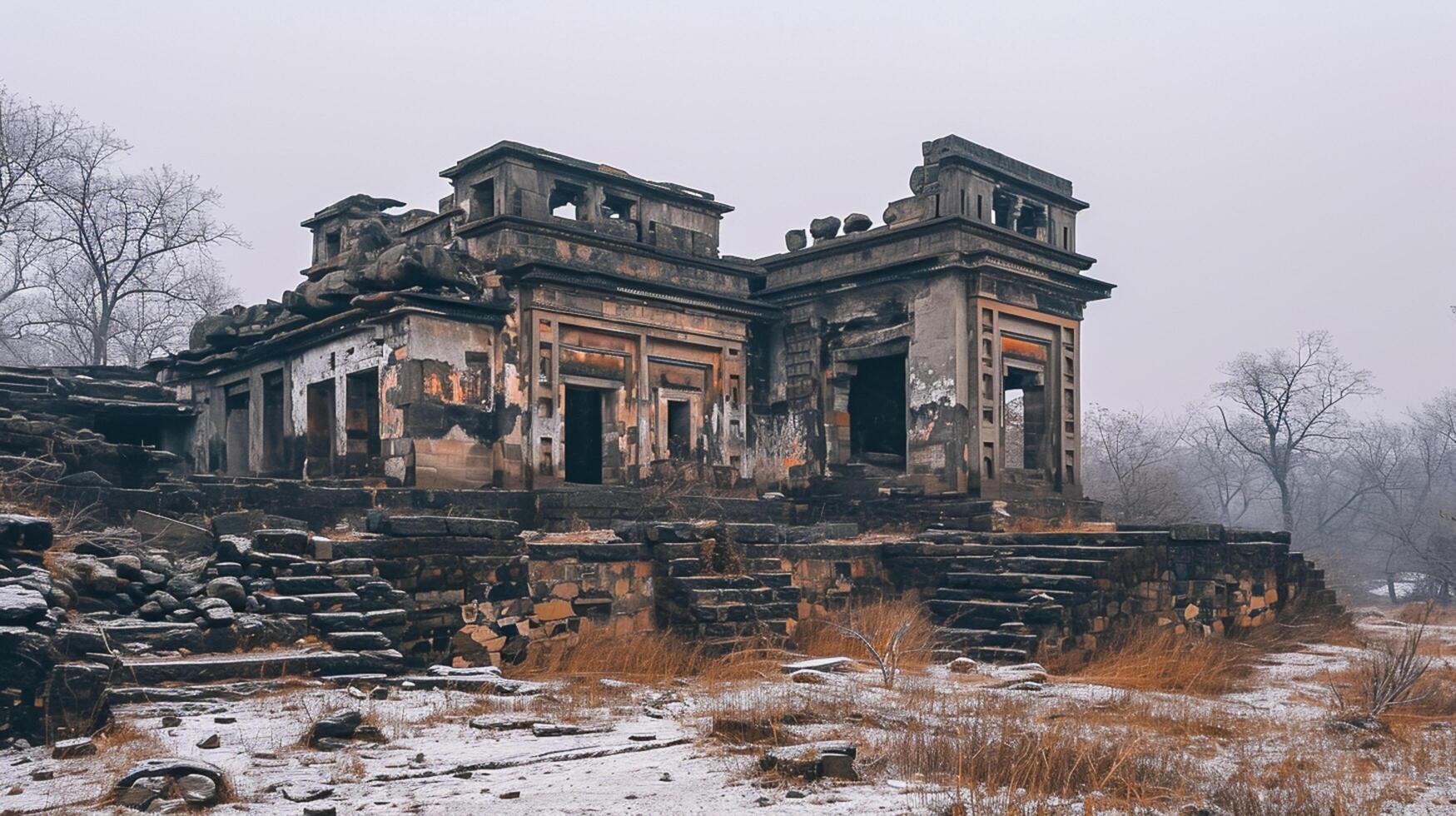 AI generated Photo of dilapidated, ancient building with remnants of grandeur. The structure is made of stone and has multiple levels Ai Generated