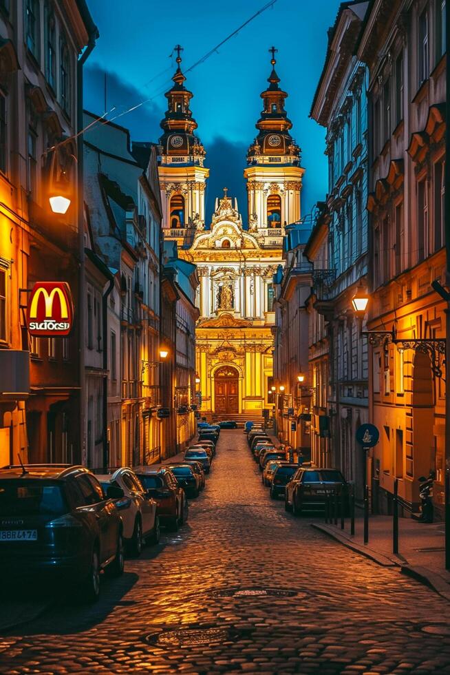 AI generated image of beautifully illuminated baroque style church, nestled between classic architectural buildings on cobblestone street at night Ai Generated photo