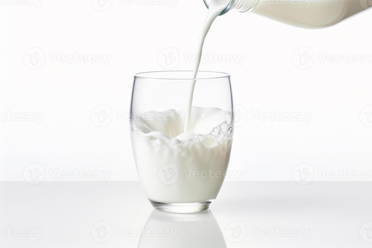 AI generated Milk pouring into glass on white background. photo