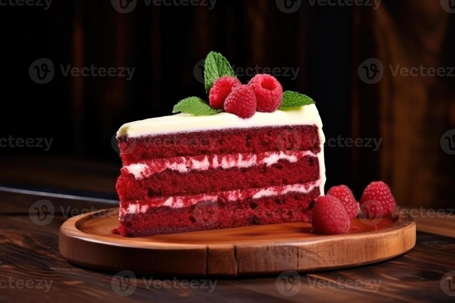 AI generated Red Velvet Cake  Slice, Raspberry, Devils Cake, Wedding, Birthday, Delicious, Traditional photo