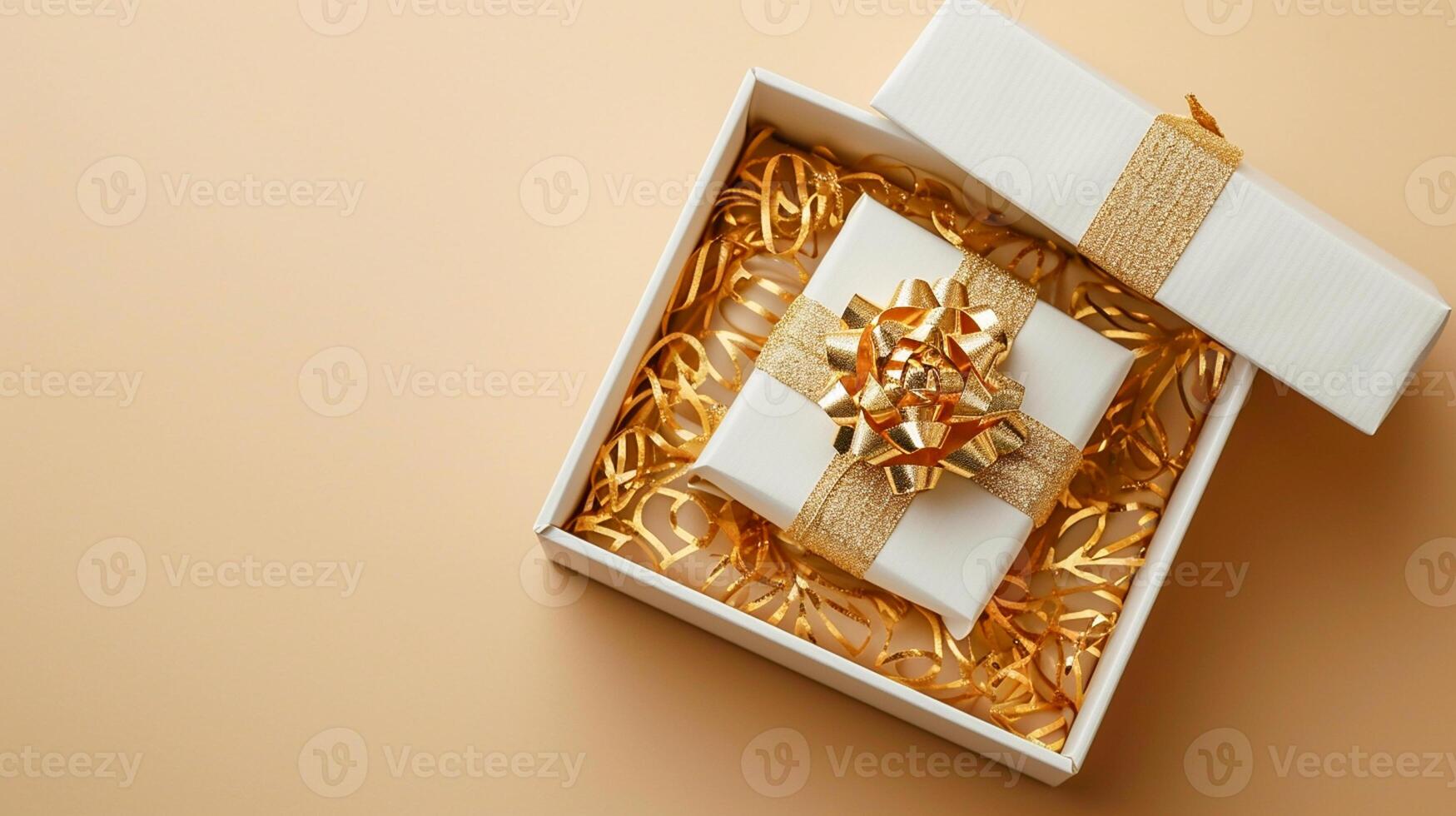 ai generado radiante regalar experiencia 3d dorado regalo caja, cinta, parte superior vista, vacío espacio, ai generado foto