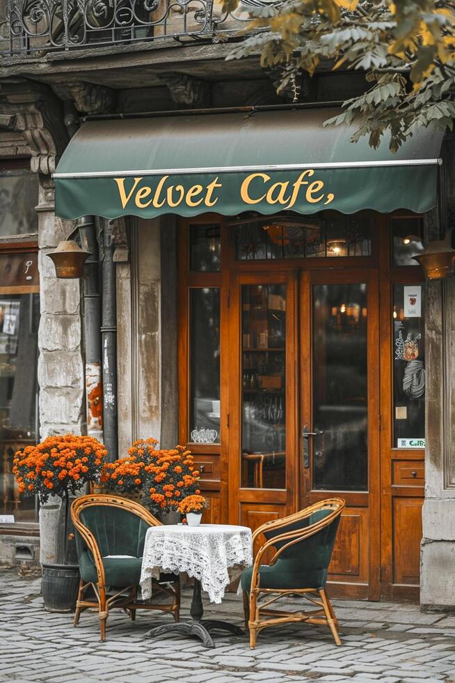 AI generated exterior of Velvet cafe with its name elegantly written on the awning. Ai generated photo