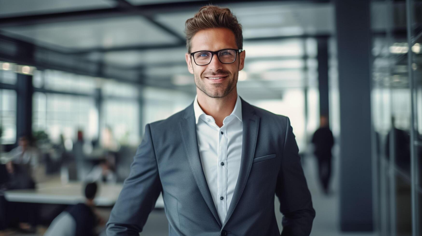 ai generado contento empresario sostiene un bolso gerente en un negocio traje. ai generado foto