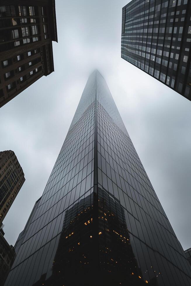 AI generated image shows tall skyscraper reaching into an overcast sky. The building is constructed with reflective glass panels that mirror the surrounding buildings and sky Ai Generated photo