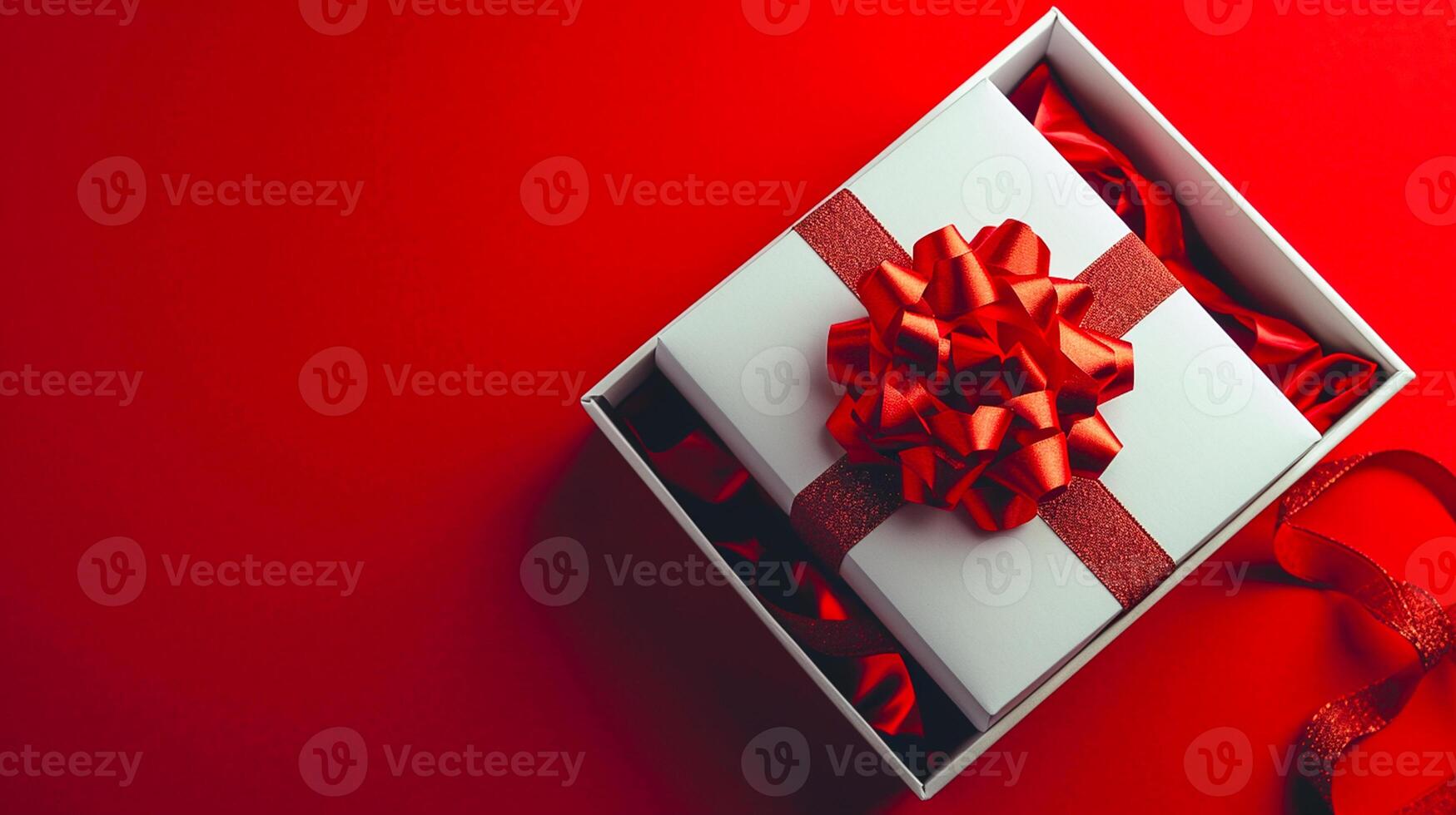 AI generated Elegant Red Gift Presentation 3D Luxury Gift Box, Gold Ribbon, Top View, Ai generated photo