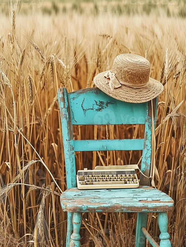 AI generated serene image captures vintage wood chair with peeling turquoise paint amidst field of tall, golden wheat. straw hat with ribbon Ai Generated photo