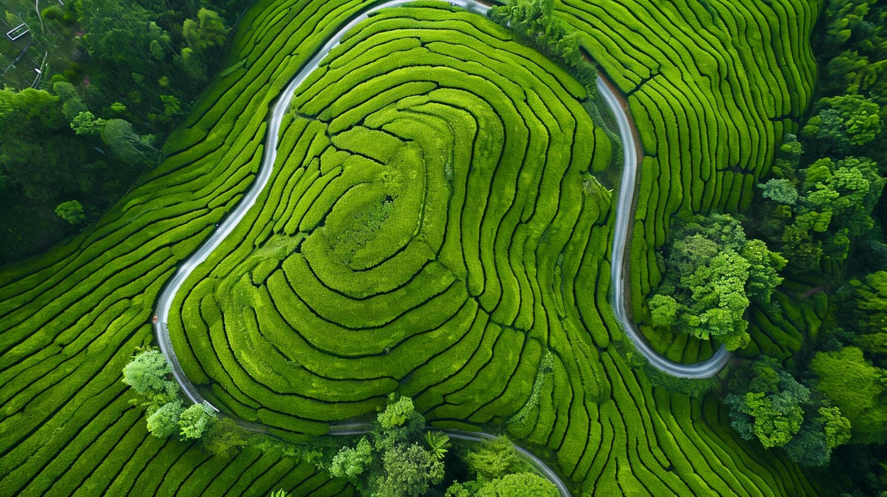 AI generated aerial view of vibrant green tea plantations is beautiful sight to behold. The plantations are organized in neat rows that form intricate patterns on the landscape. Ai Generated photo