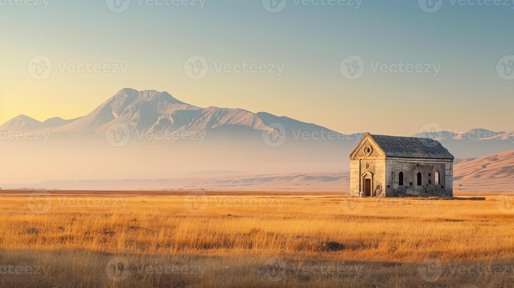 ai generado foto de un antiguo, aislado Iglesia rodeado por vasto campo con montañas en el fondo. el Iglesia construido con beige piedras, montañas en el antecedentes ai generado