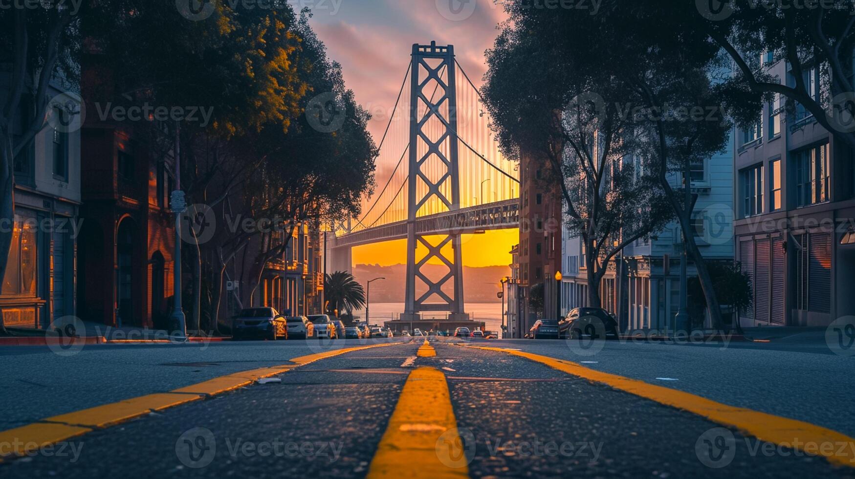 AI generated Beautiful view of large suspension bridge that extends across the frame, illuminated by the soft glow of the setting sun from the sunset Ai Generated photo