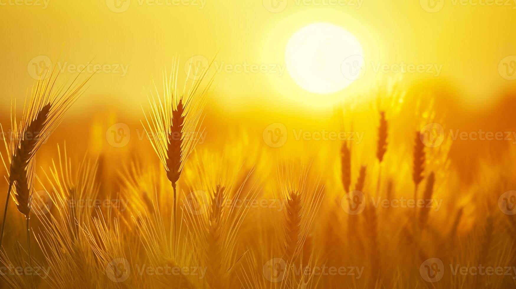 AI generated serene image captures peaceful scene of wheat field at sunrise. The sun is visible, appearing as bright, golden orb amidst the wheat stalks Ai Generated photo