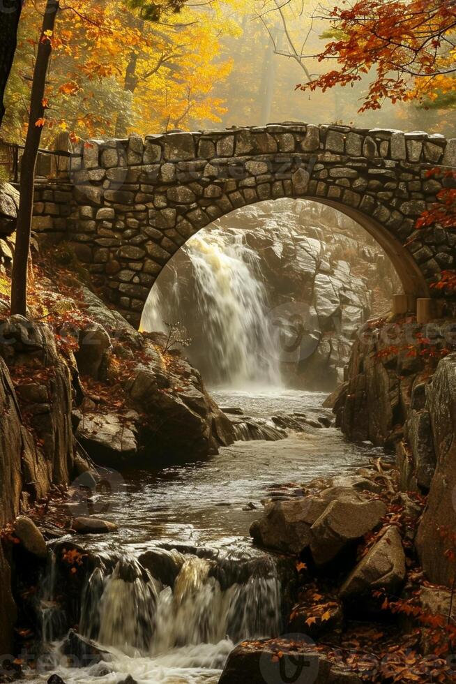 AI generated serene image captures picturesque waterfall flowing amidst rock terrain. An old stone bridge, weathered yet sturdy, arches gracefully over the cascading waters Ai Generated photo