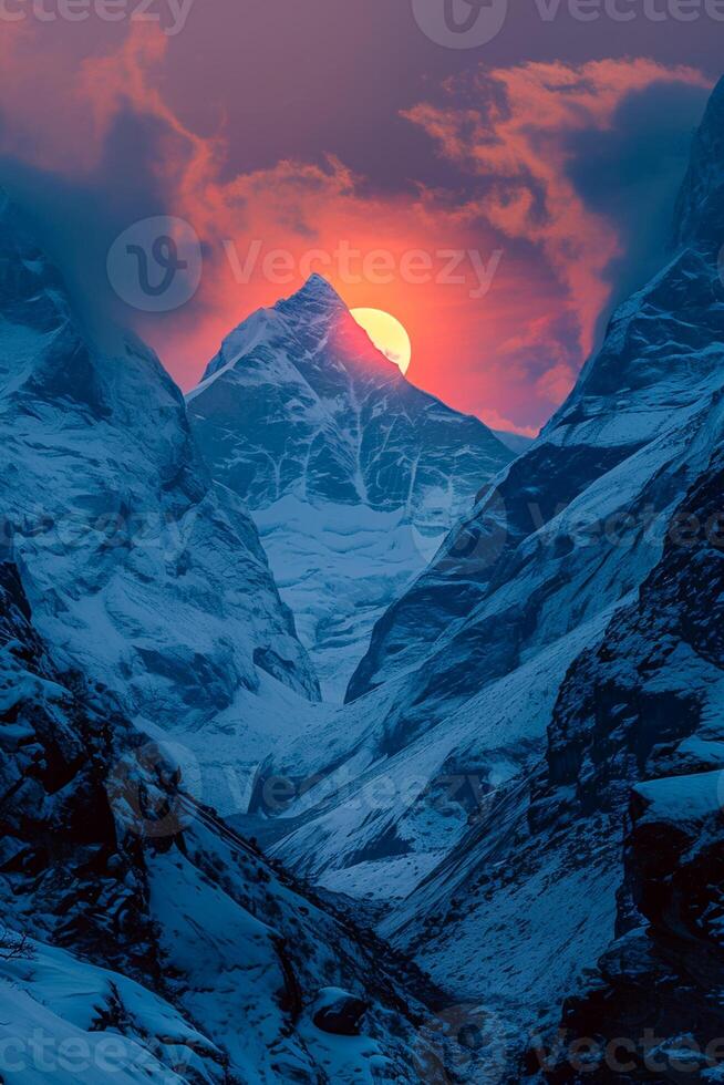 AI generated Sphoto beautiful scenery of high rocky mountains covered with snow under the breathtaking sky, suns from the sunset, Minimalist style Ai Generated photo