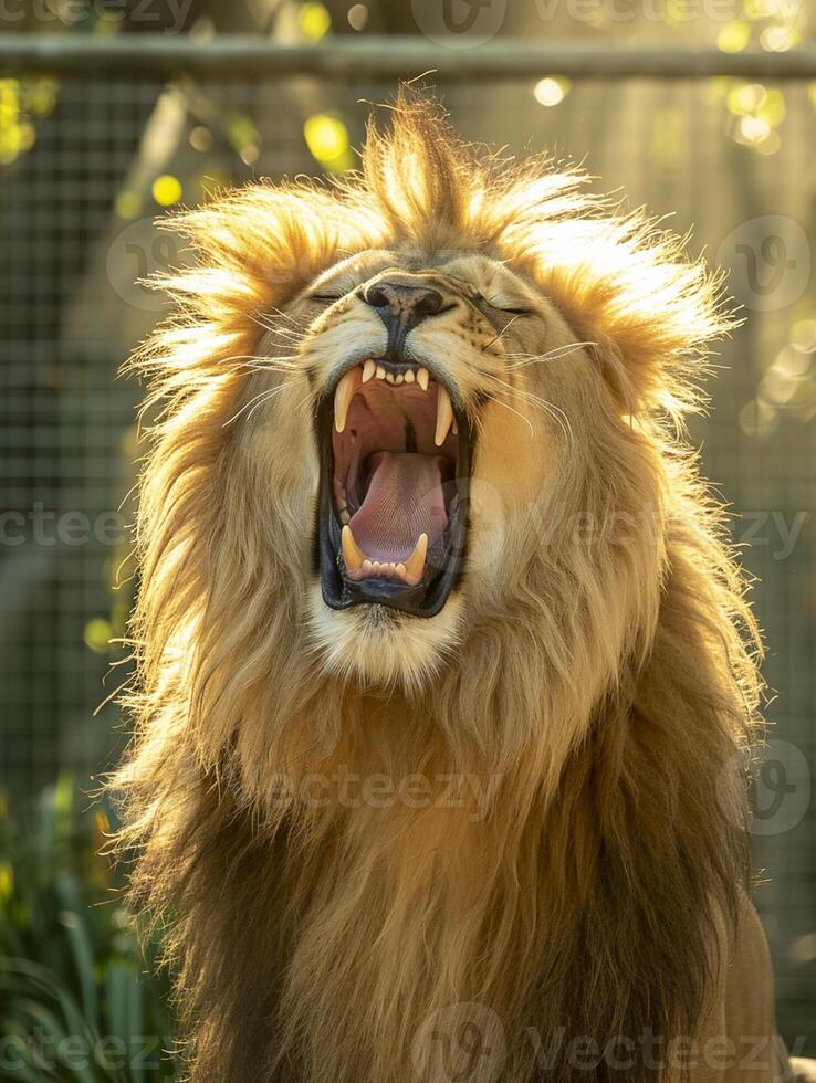 AI generated roaring lion captured mid-roar with its mane flowing and teeth exposed Ai generated photo