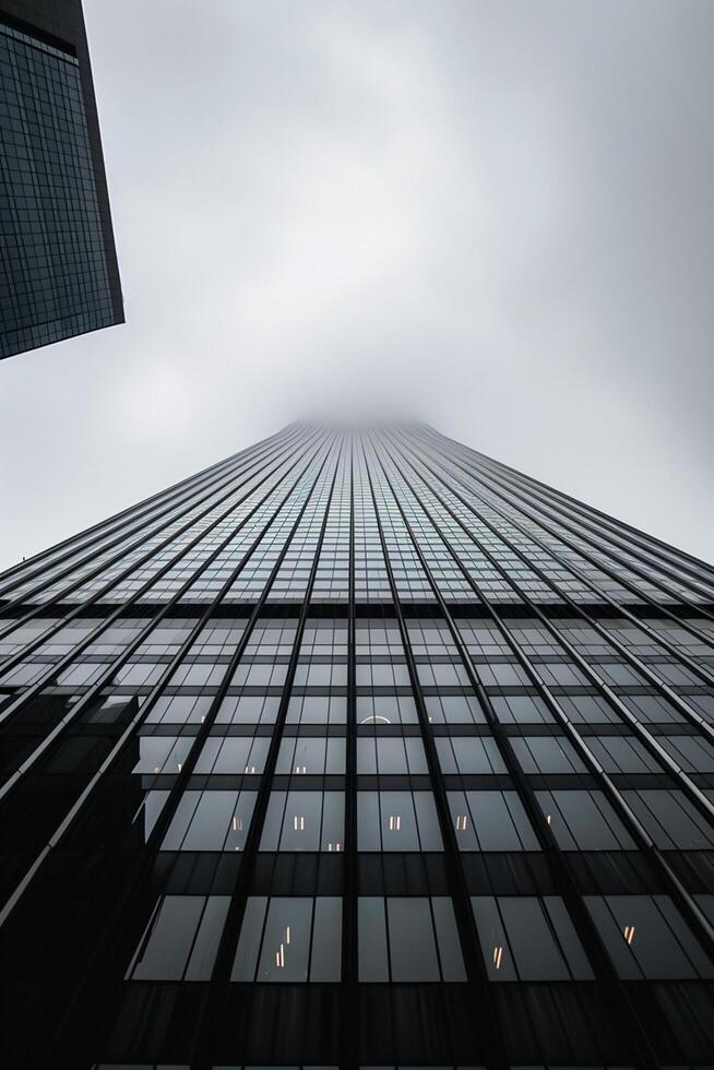 AI generated image shows tall skyscraper reaching into an overcast sky. The building is constructed with reflective glass panels that mirror the surrounding buildings and sky Ai Generated photo