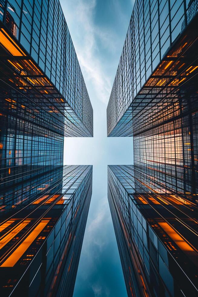 AI generated image shows low angle view of two tall buildings converging into the sky. Both buildings are made of reflective glass that mirrors the surrounding environment. Ai Generated photo