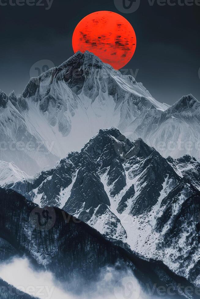 AI generated Snowy mountains surrounded by symmetry, in the center is black and red two suns from the evening. Ai Generated photo