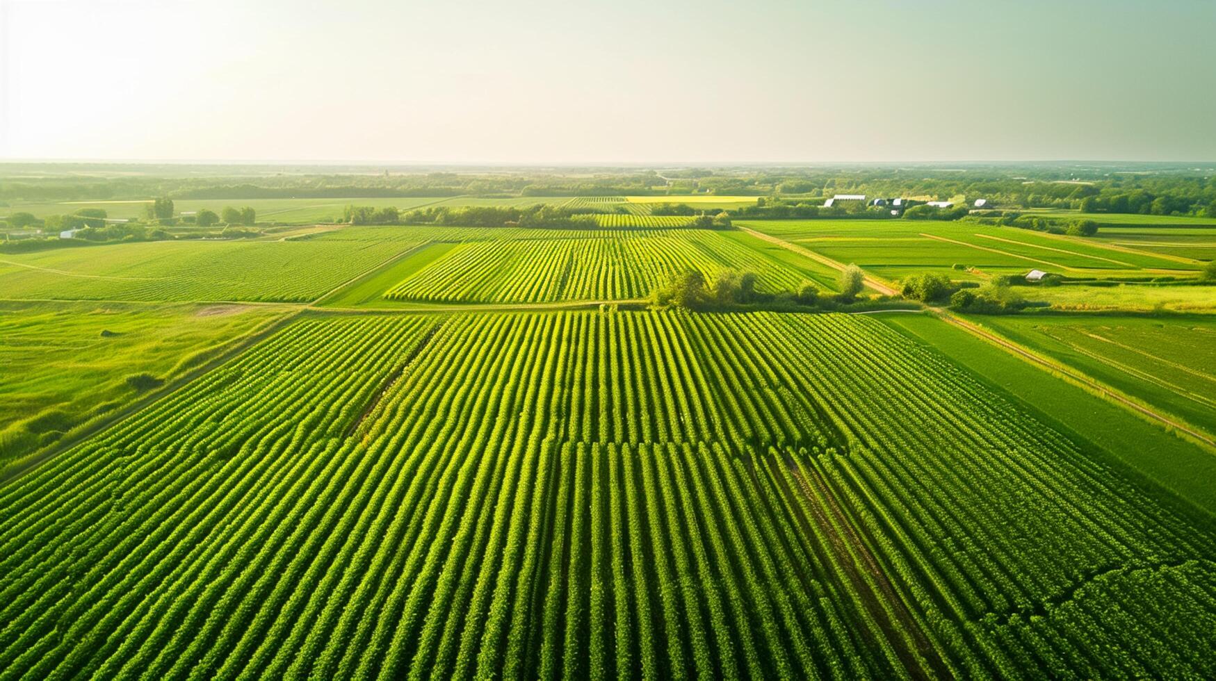 AI generated Aerial view countryside with emerald green fields cloudy sky showcasing the beauty of rural architecture. Ai Generated photo